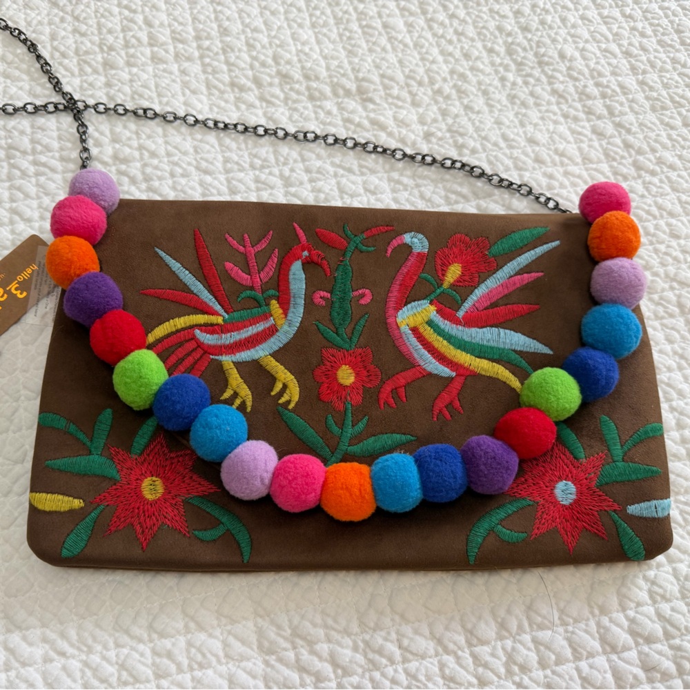 Hello 3AM Embroidered Clutch Birds Rainbow PomPom Pride Purse